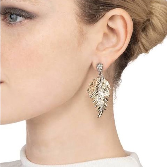 Alexis Bittar Gold Georgian Feather Swarovski Crystal Post Drop Hinged Earrings - Picture 6 of 15